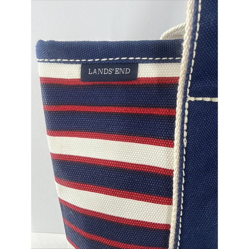 Lands End Canvas Tote Bag Navy Blue Red White Striped Nautical Large Beach Bag - Picture 2 of 10